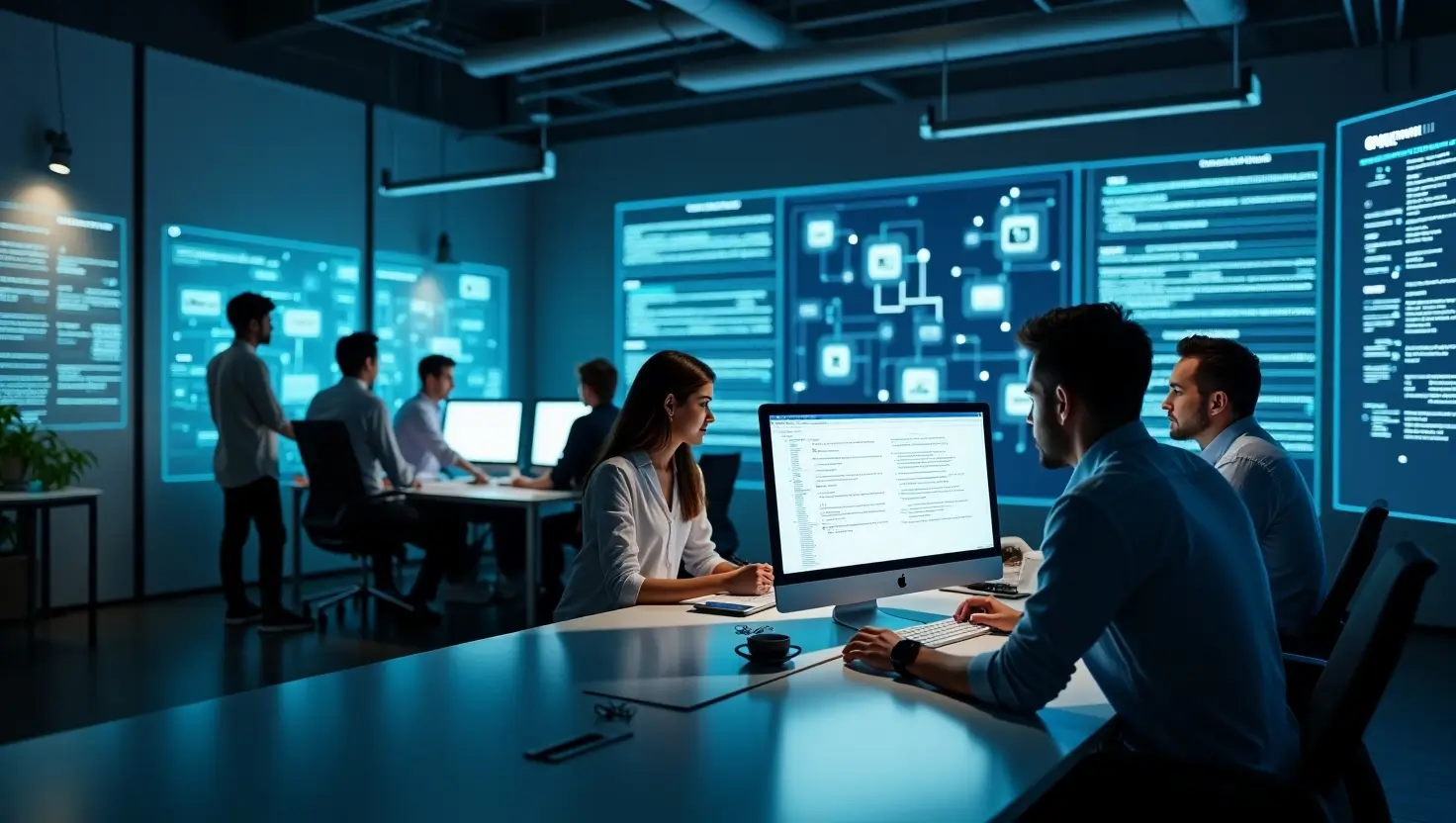 Team of diverse tech professionals collaborating in a modern office with digital screens, code, and UI designs, representing innovation and scalable IT solutions by Niech Technology