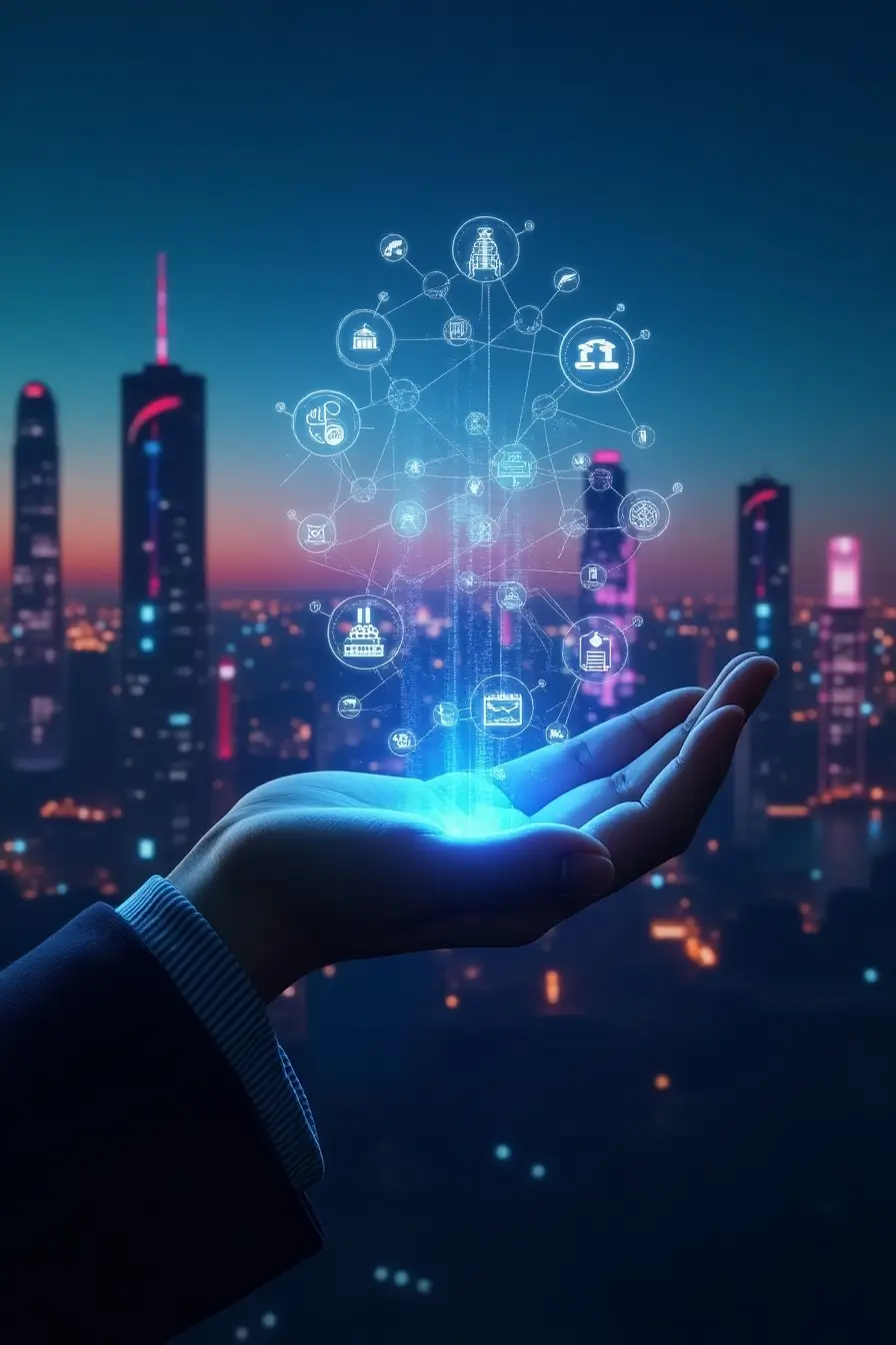 <br />
Futuristic cityscape with glowing data streams and a digital interface displaying AI elements